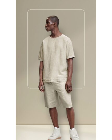 Men’s beige linen coord set with half-sleeve shirt and shorts in linen