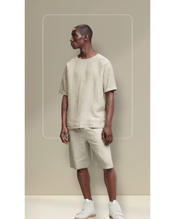 Men’s beige linen coord set with half-sleeve shirt and shorts in linen