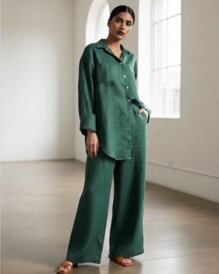Longline green linen shirt with matching wide-leg trousers relaxed fit 2 piece set