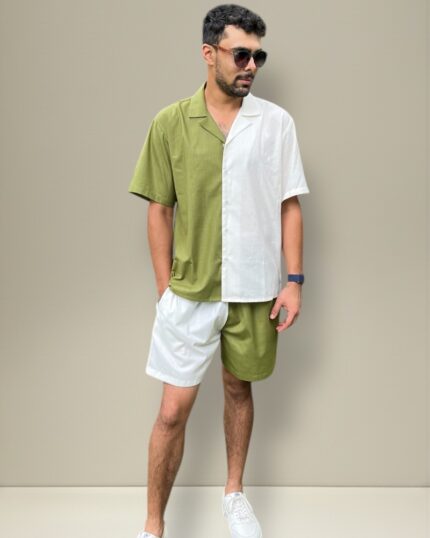 Men’s causual dual colour co-ord set with short-sleeve shirt and matching shorts