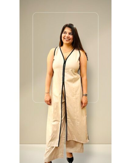 Ivory women’s-coord-set front open overlay with wide leg pants, elegant-festive and work wear, everyday office wear classy chic casual wear