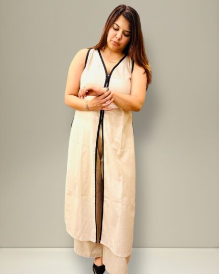coord set for women with sleeveless front-open overlay and wide-leg trousers