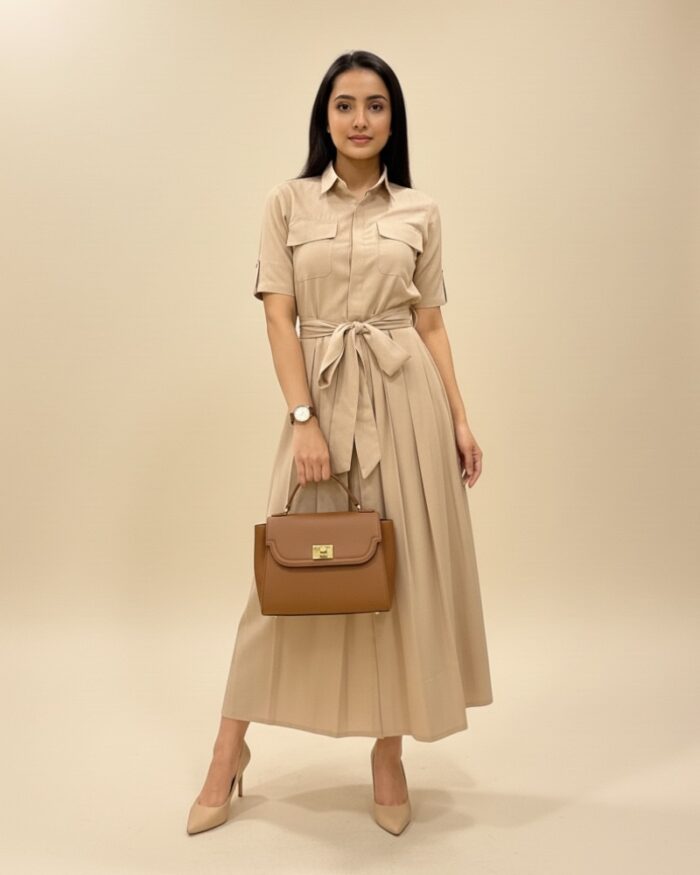 Zara shirt dress with front pockets, pleated skirt and tie waist belt