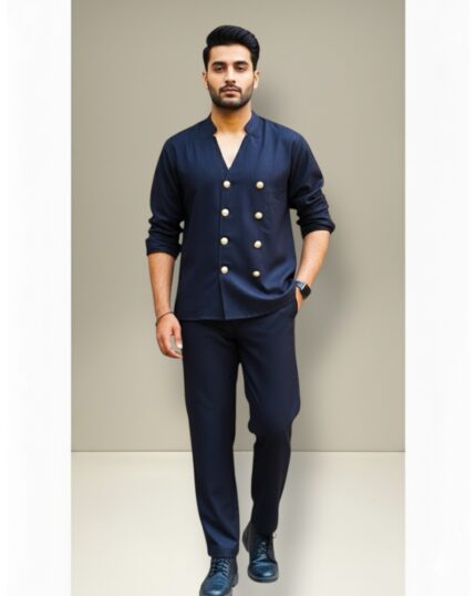 mens tailored black coord set with golden buttons