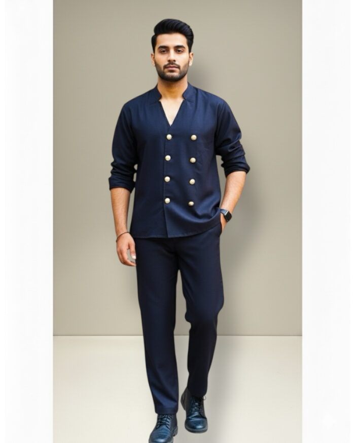 mens tailored black coord set with golden buttons
