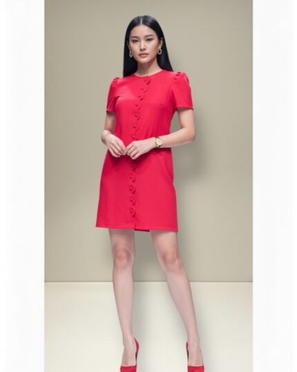 Women’s blush pink scallop edge midi dress with short puffed sleeves perfect for dinner dates parties brunch lunch evening wear