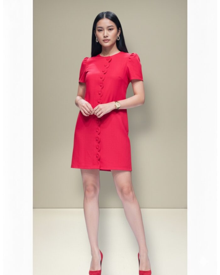 Women’s blush pink scallop edge midi dress with short puffed sleeves perfect for dinner dates parties brunch lunch evening wear