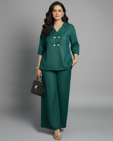 Emerald green double-breasted coord set with wide-leg pants for women