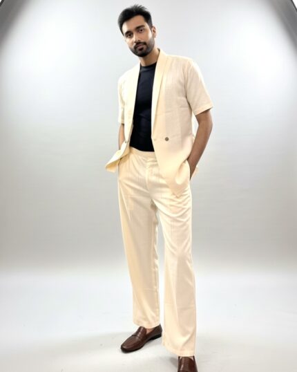 Men’s premium cream co-ord set with short-sleeve blazer and trousers