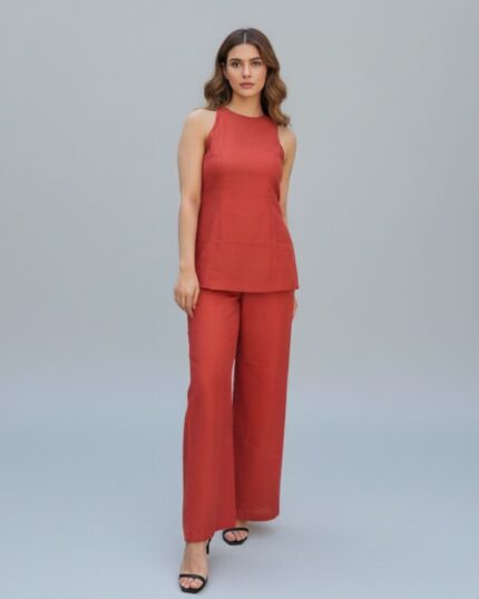 Women’s minimal rust linen halter-neck co-ord set with wide-leg pants