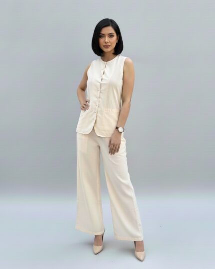 Elegant linen sleeveless waistcoat and trousers set for women for office and resort wear